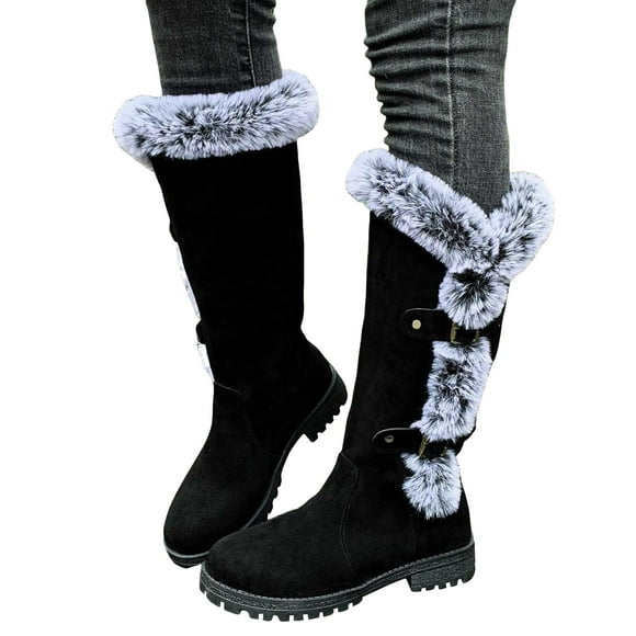 Fuzzy Mid Calf Winter Snow Boots for Women 2025 Fashion Buckle Straps Fleece Thermal Non Slip Low Heel Knee High Dress Tall Boots