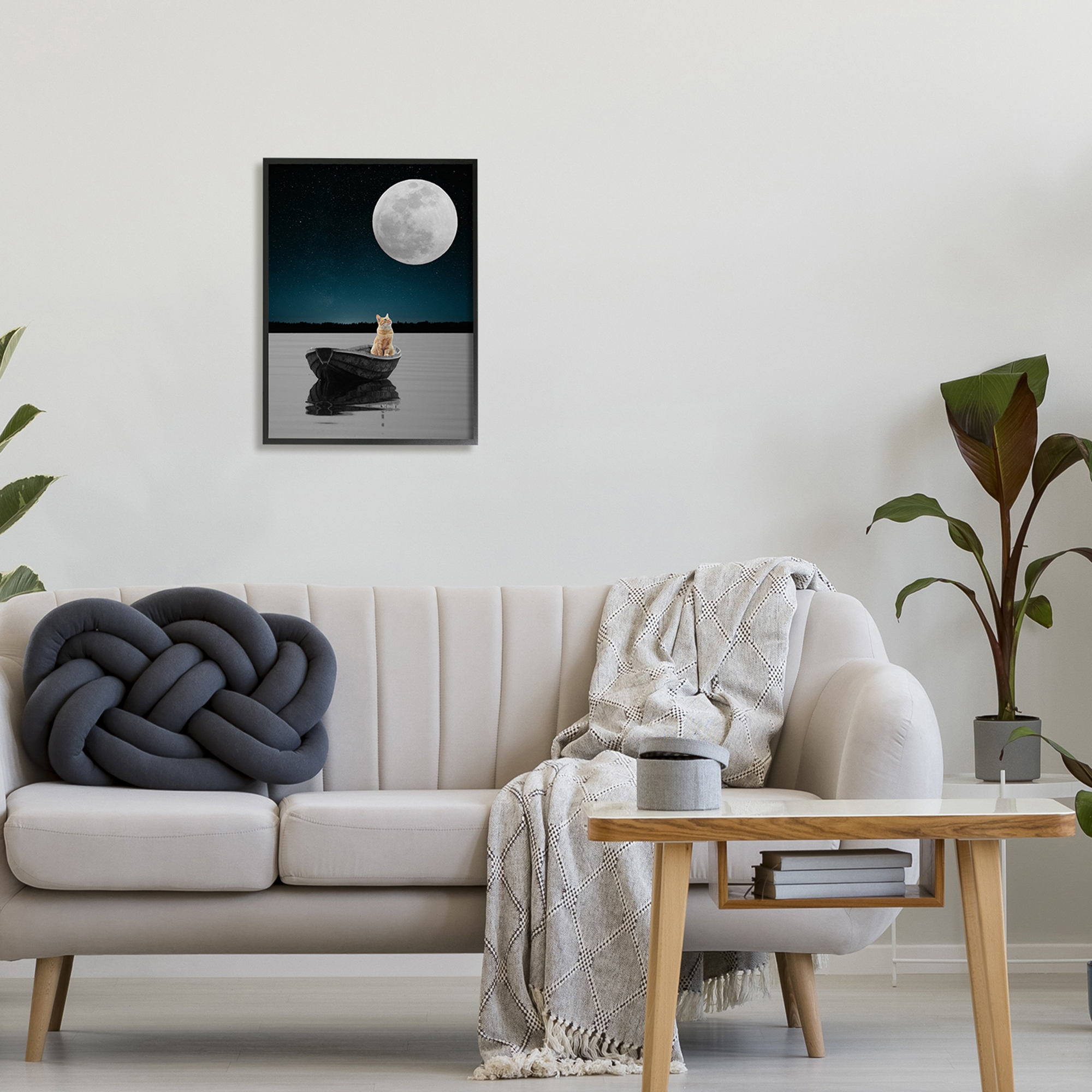 Stupell Industries Orange Cat Floating Rowboat Nighttime Moon Lake Scene , 16 x 20, Design by Atelier Posters