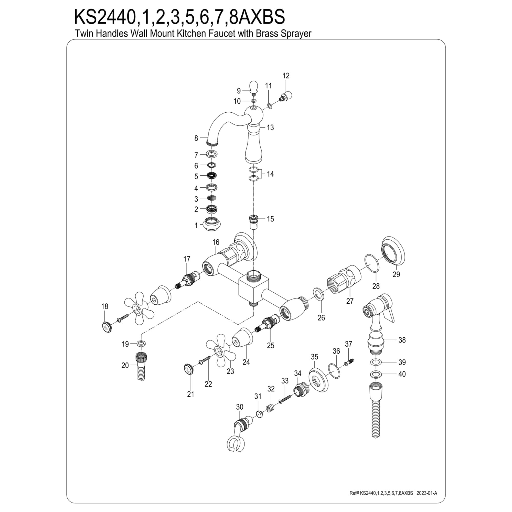 Kingston Brass KS2442AXBS Heritage Double-Handle Wall-Mount Bridge Kitchen Faucet with Brass Sprayer, Polished Brass