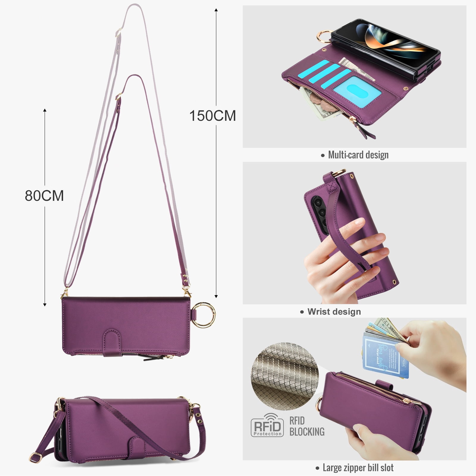 ELEHOLD For Samsung Galaxy Z Fold 4 Phone Case Leather Crossbody Zipper Card Wallet Flip Case Kickstand Cover, with Ring Holder,Full Body Protection-Deeppurple