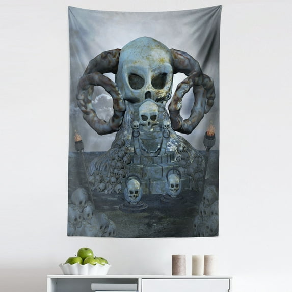 Skull Tapestry, Spooky Scary with Many Skulls Horns and Torches Graves Death Ghosts Theme, Fabric Wall Hanging Decor for Bedroom Living Room Dorm, 5 Sizes, Bluegrey Grey, by Ambesonne