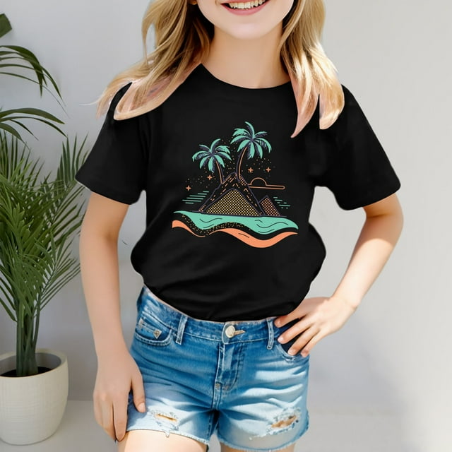 Chemises pour Filles Imprimé Filles Manches Courtes Hauts Col Rond Hauts d'Été pour Adolescentes Vêtements Filles 5-6 Ans Mode Filles