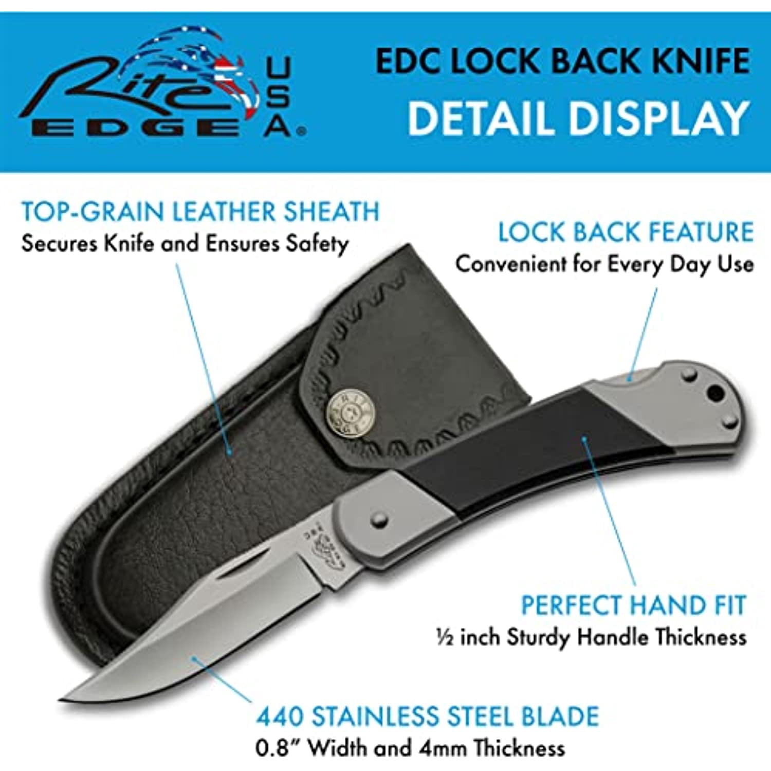 SZCO 8.5" Black G10 Handle Lock Back Folding Knife – 440 Stainless Steel Blade, Leather Sheath – Folding Utility Pocket Knife for Everyday Carry