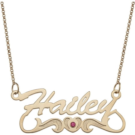 Personalized Planet - Personalized Women&amp;#39;s 14kt Gold over Silver Script Nameplate with Birthstone Heart Tail Necklace, 18&quot;