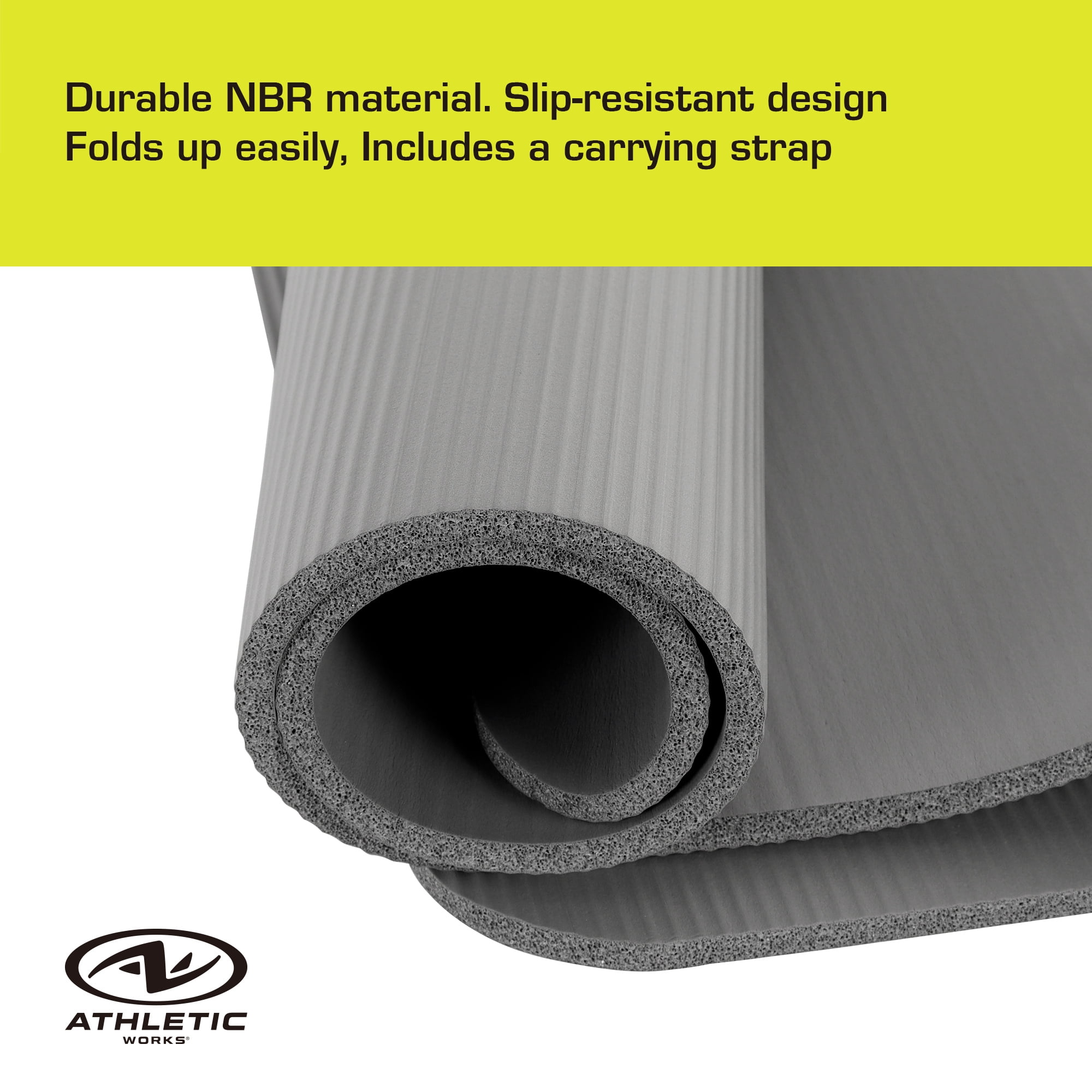 Athletic Works 12mm Fitness Mat, NBR Foam Gray Color, with Carry Strap, Size: 72inx23.5inx12mm