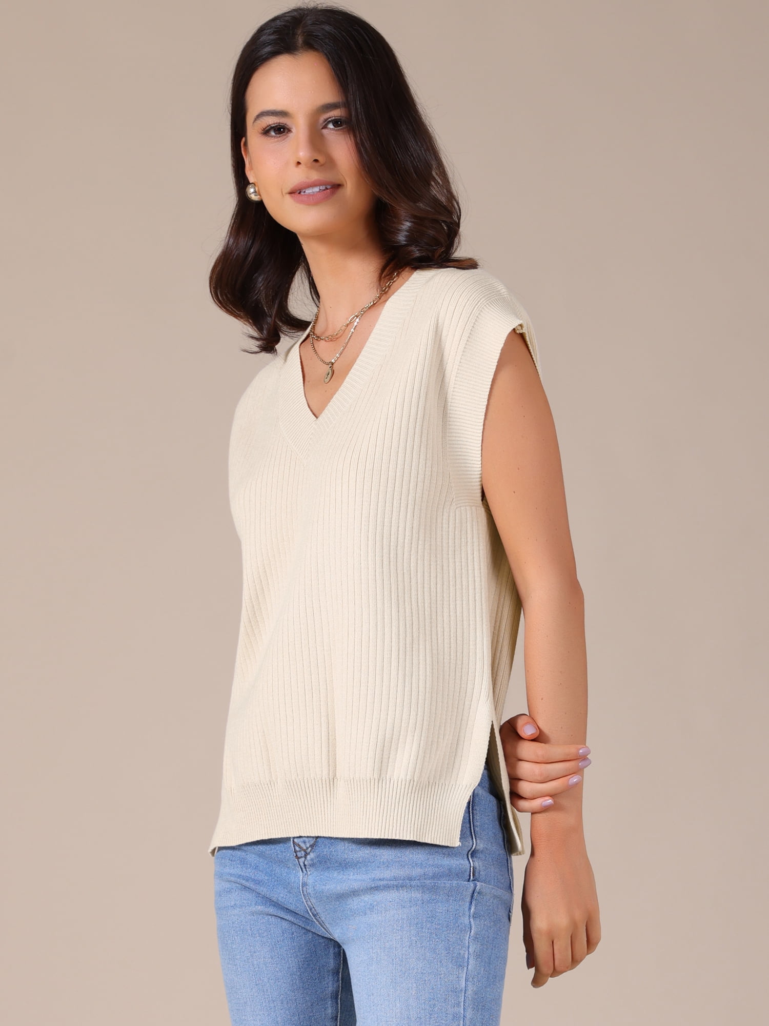 DARING DIVA Women's V Neck Ribbed Knit Sleeveless Pullover Sweater Vest XL Apricot