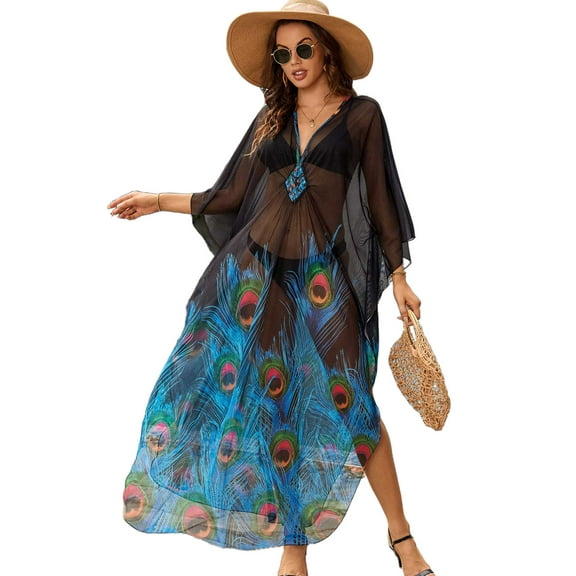 EDOLYNSA Women Stylish Plus Size Kaftan Beach Maxi Dress Loose Bat Sleeve Bikini Cover Up V Neck Chiffon Long Tops Beachwear