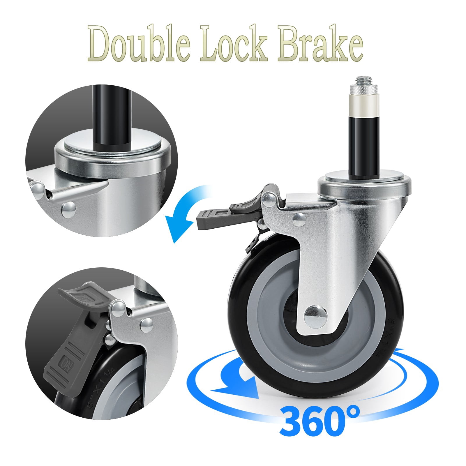 SHZOND 5Inch Swivel Caster Wheels Set of 4, Heavy Duty Casters with Double Lock Brake, Expanding Stem Casters for Table, Tool Cabinet, Cart, Workbench and Trolley-Max Load Capacity 1600 LBS