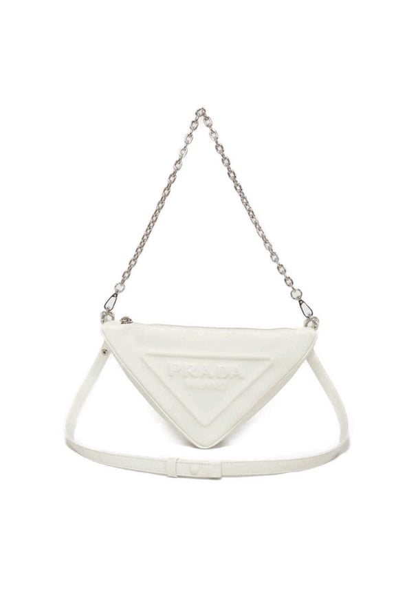 Pre-Owned Prada Triangle Calfskin Chain Shoulder Bag with RFID IC Embossing, Bianco, 1BC543...