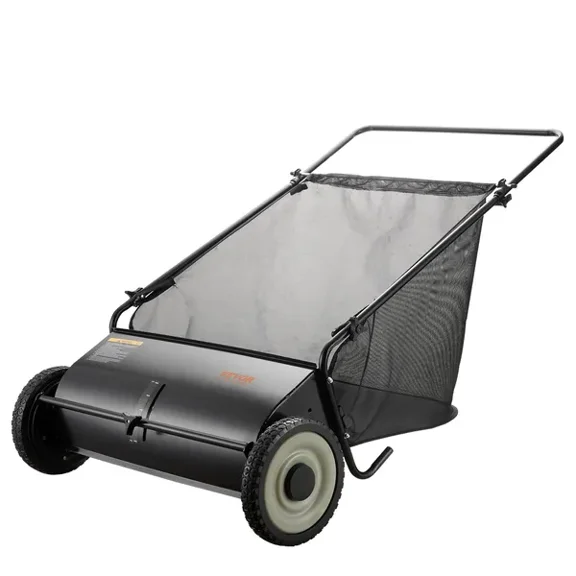 26 Inch Push Lawn Sweeper with 7 ft³ Mesh Bag Heavy Duty Steel Frame 4 Spinning Brushes for Leaf Grass Collection