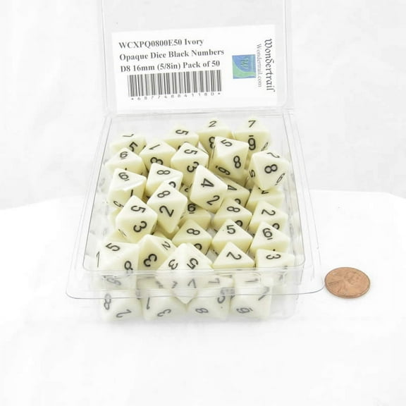 Ivory Opaque Dice with Black Numbers D8 Aprox 16mm (5/8in) Pack of 50 Wondertrail