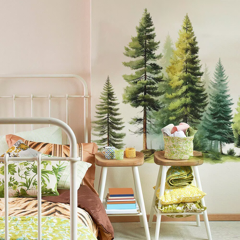 Large Pine Tree Wall Decals Peel and Stick Watercolor Extra Large Tree Wall Decal Forest Transparent decal Nature Green Tree Wall Stickers Giant Pine Tree Wall Decals for Nursery Kids Room Decor