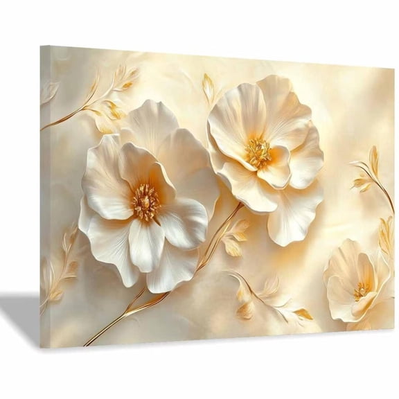 Mudket Cream White Flowers with Gold Branches Canvas Wall Art, Framed Floral Print, Ready to Hang Wall Decor for Living Room Bedroom, Luxury Artwork - 12"L x 8"W