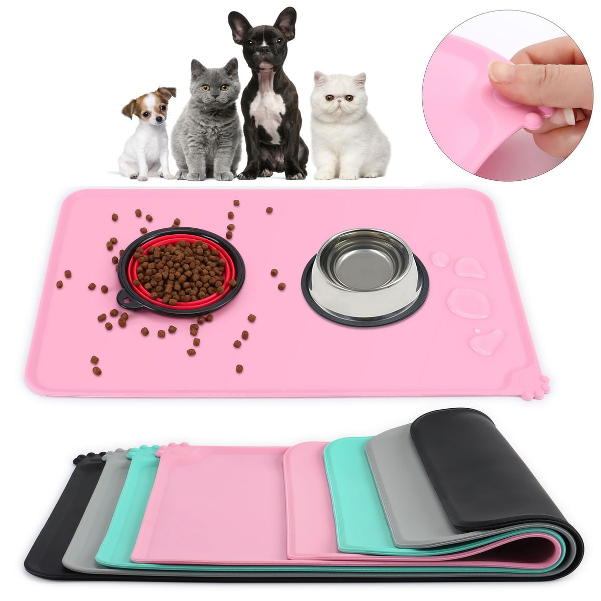 Deago Dog Cat Food Feeding Mat Raised Edge Silicone Non Slip Waterproof Pet  Food and Water Bowl Mat - 19 x 12 Inches, Black