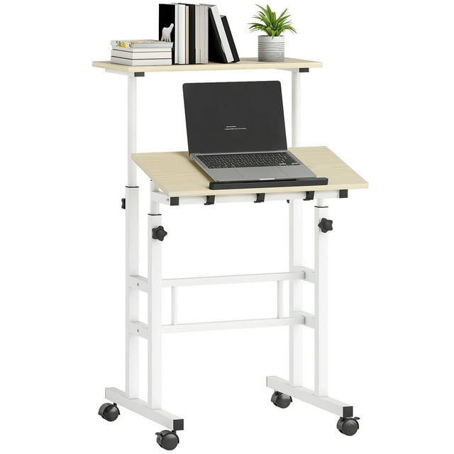 HOMCOM Bureau Debout Mobile, Bureau d'Ordinateur à Hauteur Réglable, Naturel