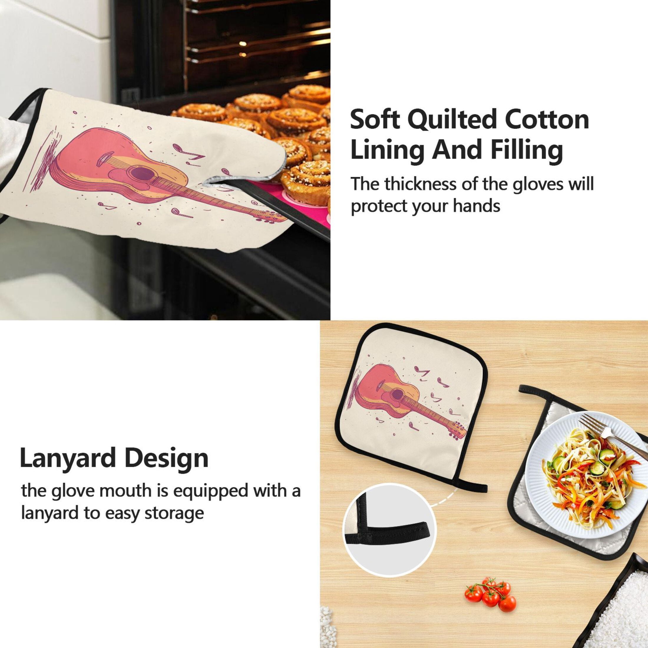 5 Pcs Kitchen Set Heat Resistant Oven Mitts and Non-Slip Pot Holders with Adjustable Cooking Apron Guitar and Notes