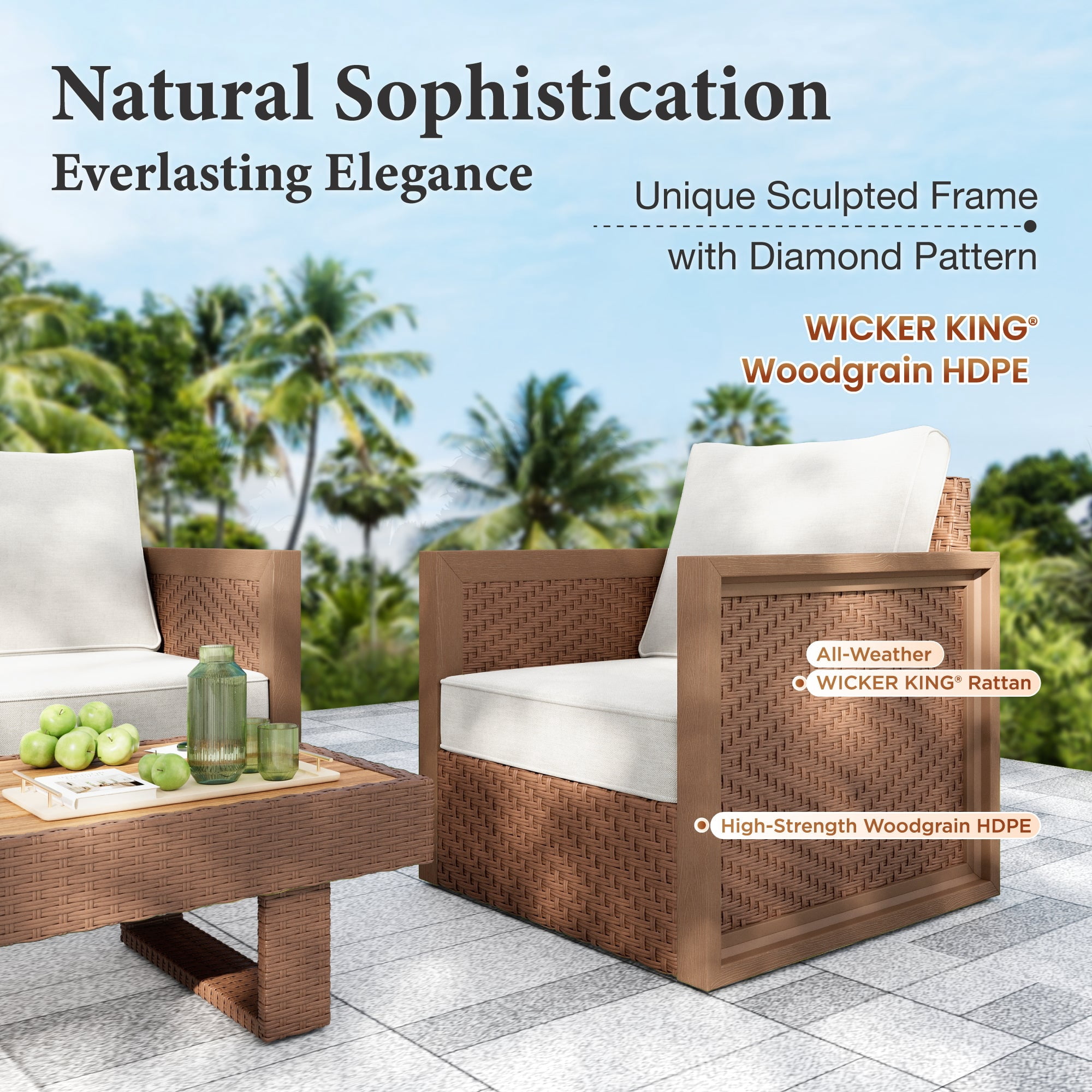 SUMMIT LIVING 4-Piece HDPE Outdoor Patio Furniture Set, Wicker Outdoor Patio Conversation Set with Wood-Grain Rattan Coffee Table, Beige