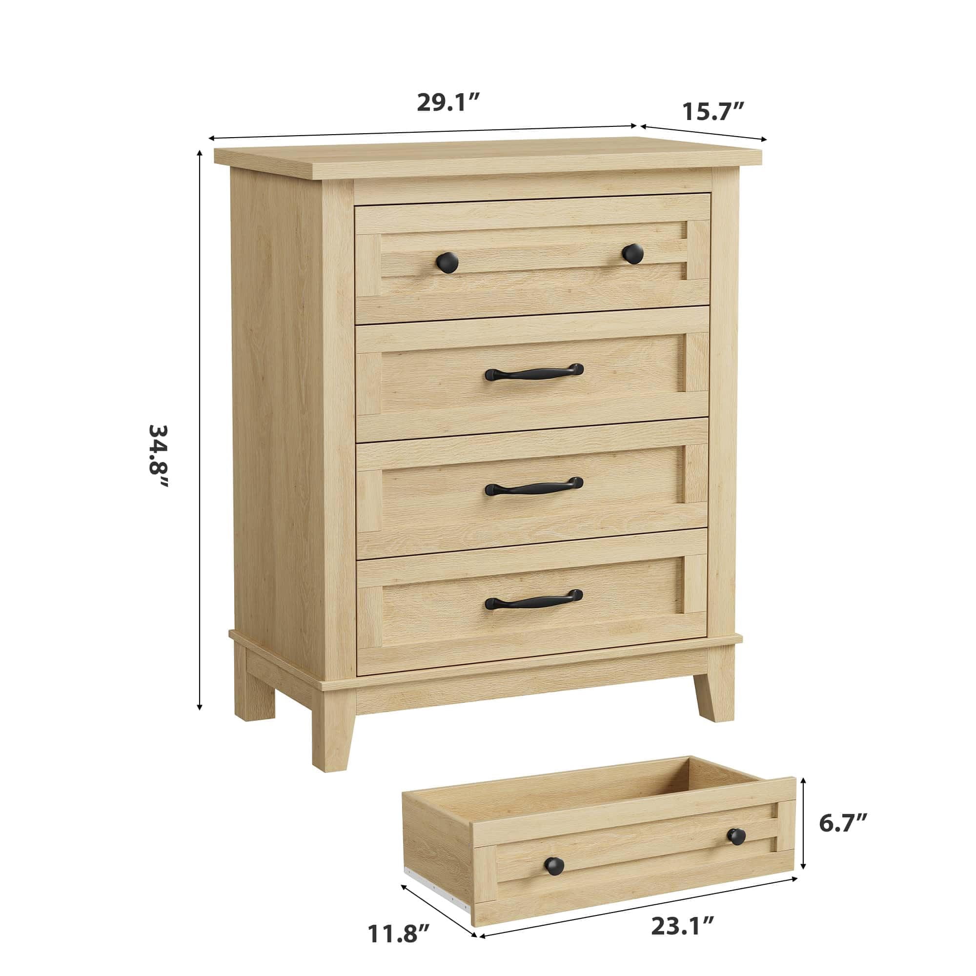 Dresser for Bedroom, 4-Drawer Chest of Drawers, Wooden Storage Dresser with Large Drawers for Living Room, Natural