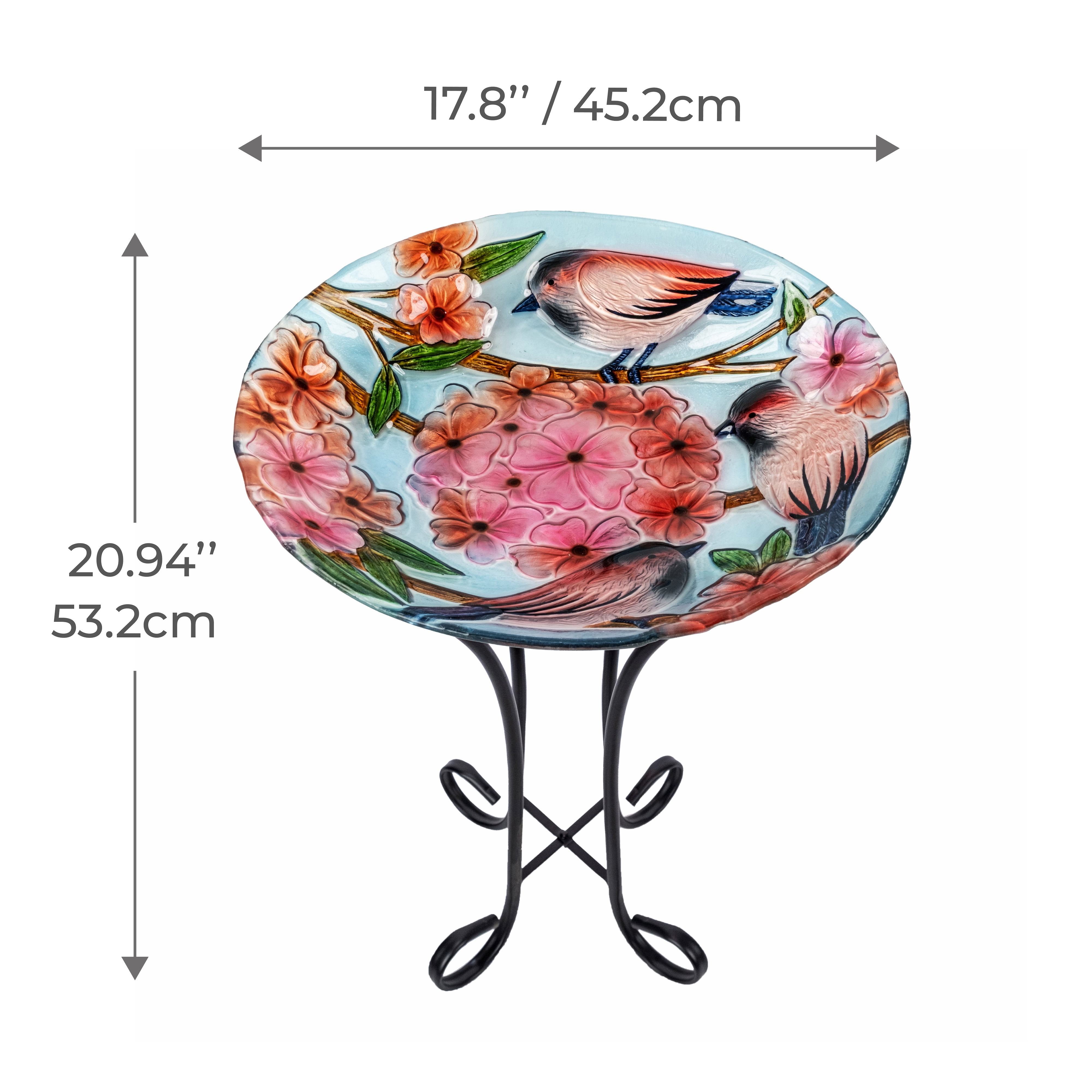 Teamson Home 17.8" Fusion Glass Bird Design Birdbath with Metal Stand, Multi