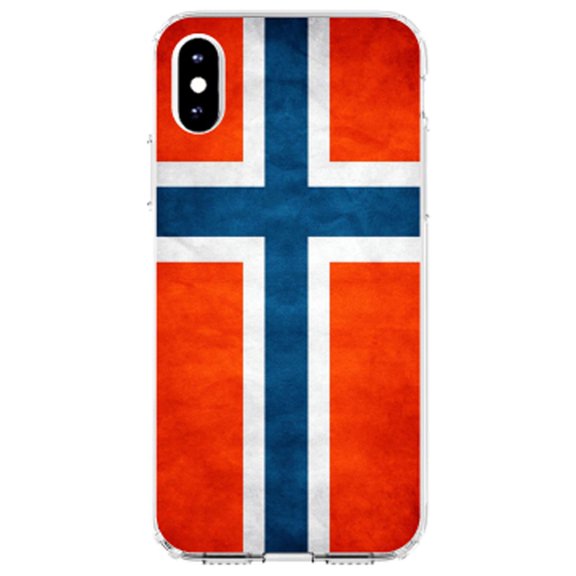 DistinctInk Clear Shockproof Hybrid Case for iPhone XR (6.1" Screen) - TPU Bumper, Acrylic Back, Tempered Glass Screen Protector - Norway Old Flag Red White Blue - Show Your Love of Norway