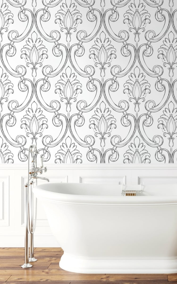 NextWall Ebony Sketched Damask Peel and Stick Wallpaper