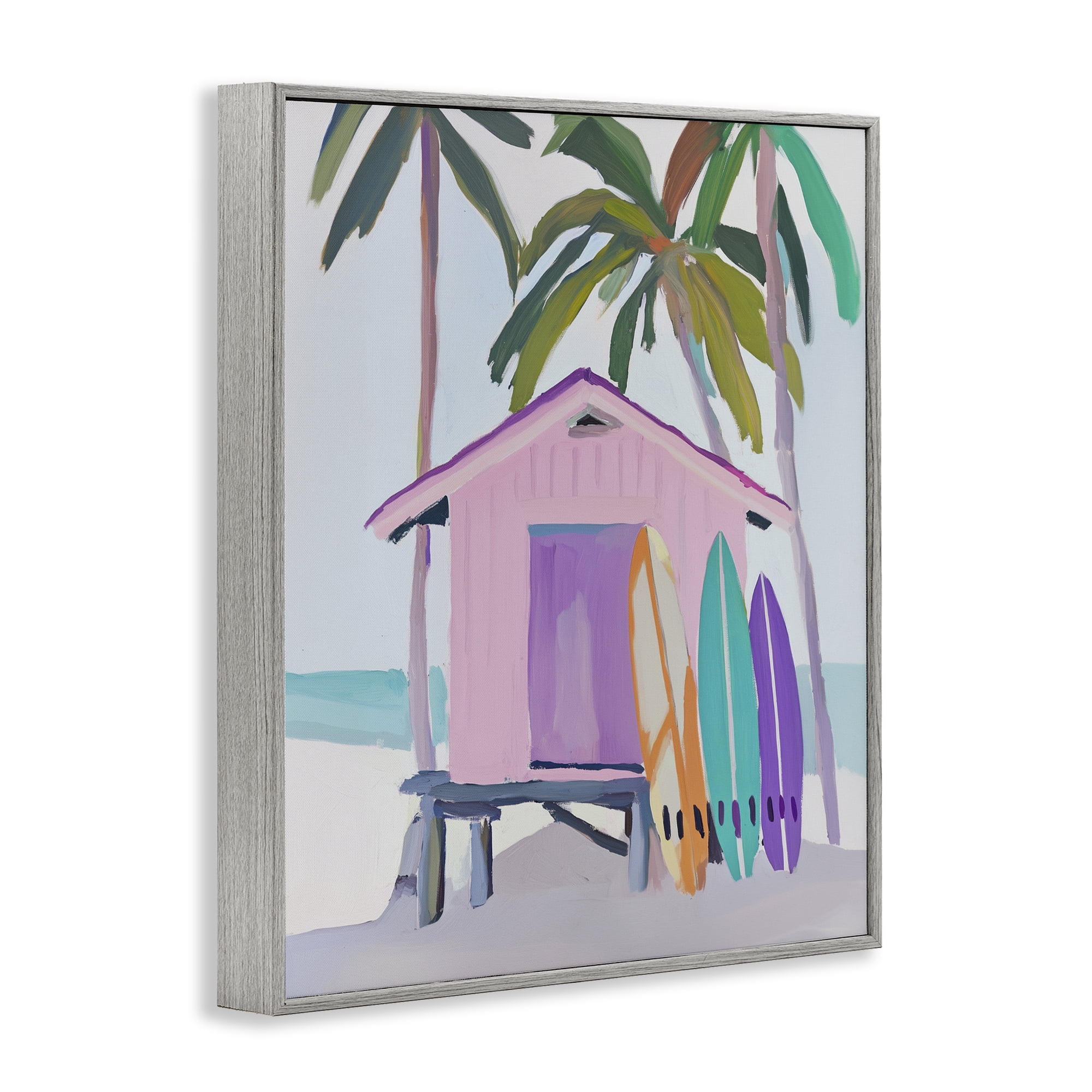 Stupell Industries Pink Beach Hut with Surfboards Gray Framed Giclee Art, design by Sisi and Seb