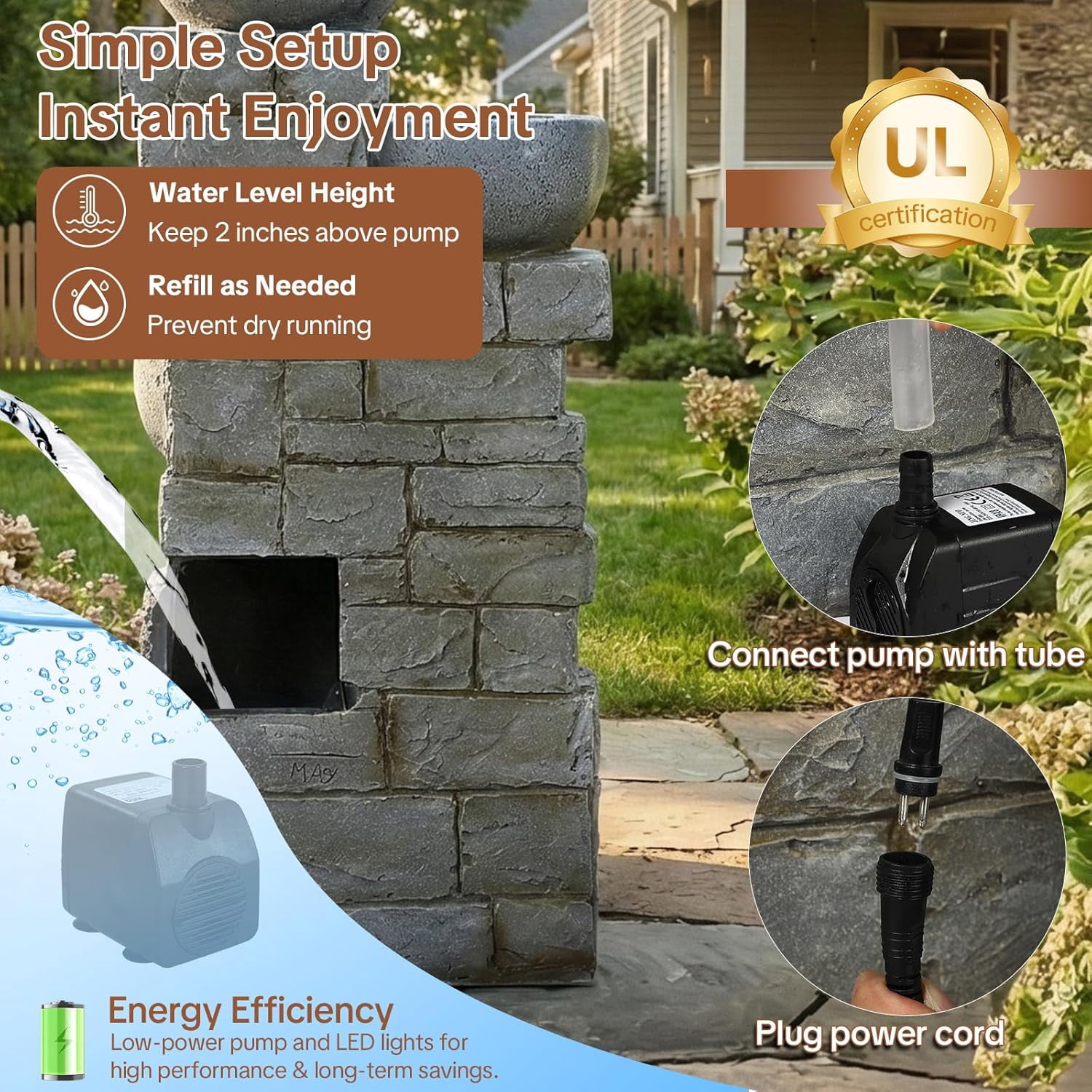 HOMEDIARY Modern 33" Tall Outdoor Water Fountain, Large 5-Tier Cascading Bowls Waterfall Fountain with LED Lights, Stone Texture Floor-Standing Resin Water Feature for Deck, Patio, Backyard & Indoor