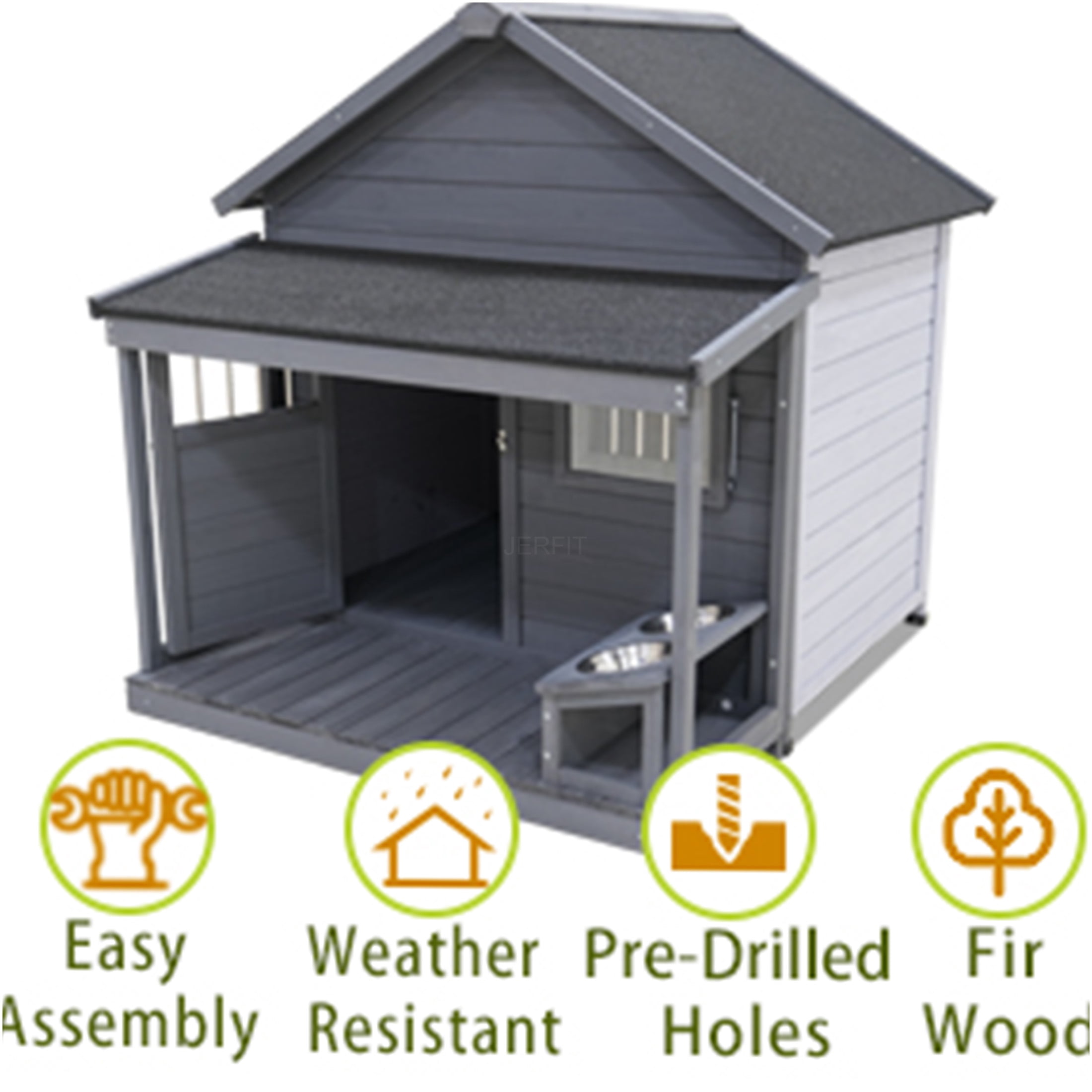 JERFIT Extra Large Dog House with Lockable Door & Porch, 44" Wooden Outdoor Kennel with Asphalt Roof, Weatherproof for Big Dogs up to 80lbs, Gray