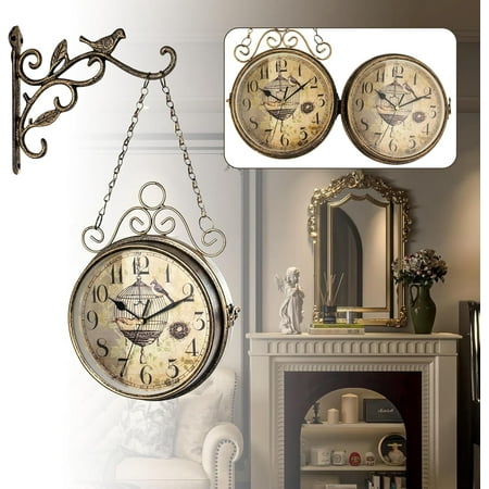 8 Inch Vintage Double Sided Wall Clock Retro Wall Clock 20th Century Non Ticking Large Iron Antique Hanging Clock Silent Quartz Clock for Office Cafe Library Bedroom Living Room Train Station Decor