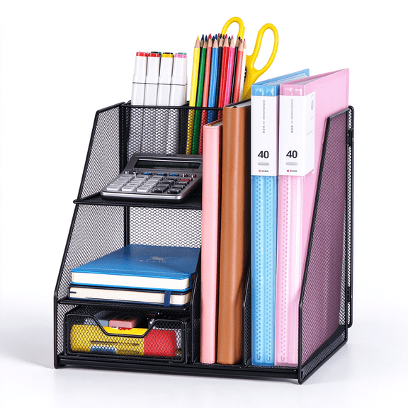 3-Tier Desk Organizer, Paper Letter Tray with Removable Drawers & Pen Holder, Mesh Desktop Storage for Office Supplies(Black)