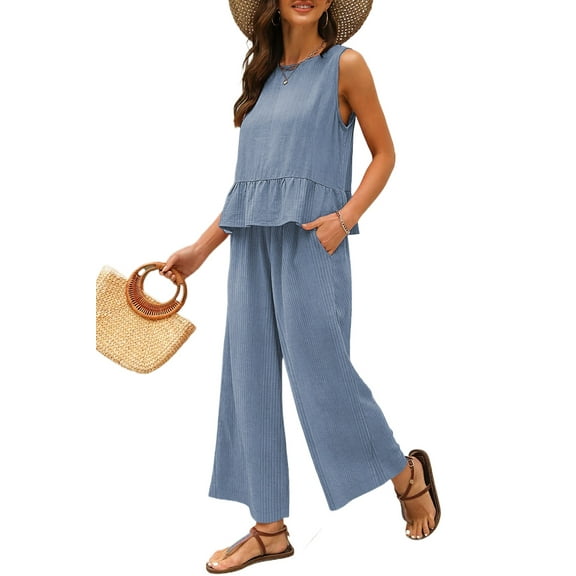 Women's Beau Blue Solid Color Ribbed Ruffle Tank Top and Pants Set - [ZhiHiMeRi] | (US 20-22)2XL