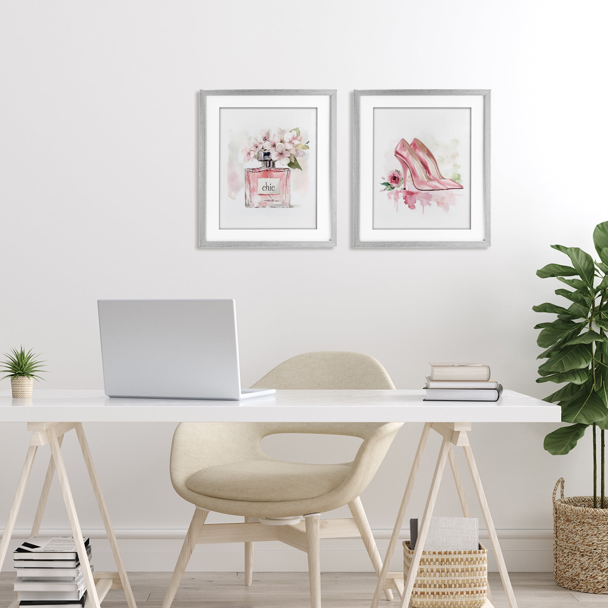 Rosy Pastel Perfume & Heels 2 Piece Gray Framed Print Under Glass Set, design by Christine Simpson Art