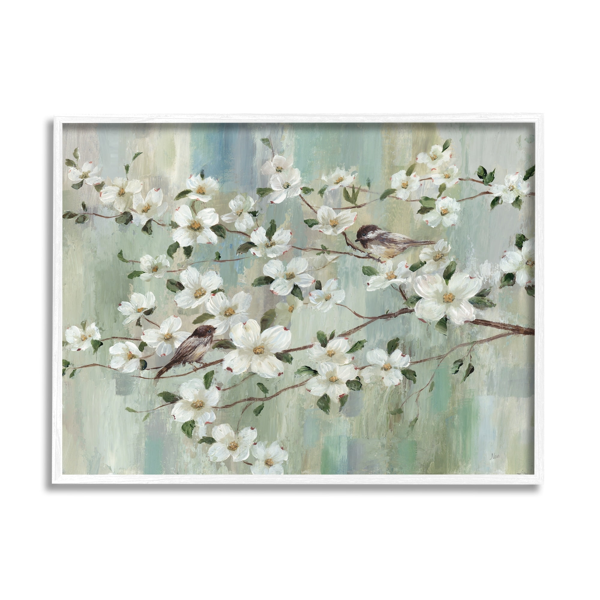 Stupell Industries Delicate Cherry Blossom Flowers Perched Birds Classic Painting Painting White Framed Art Print Wall Art, Design by Nan