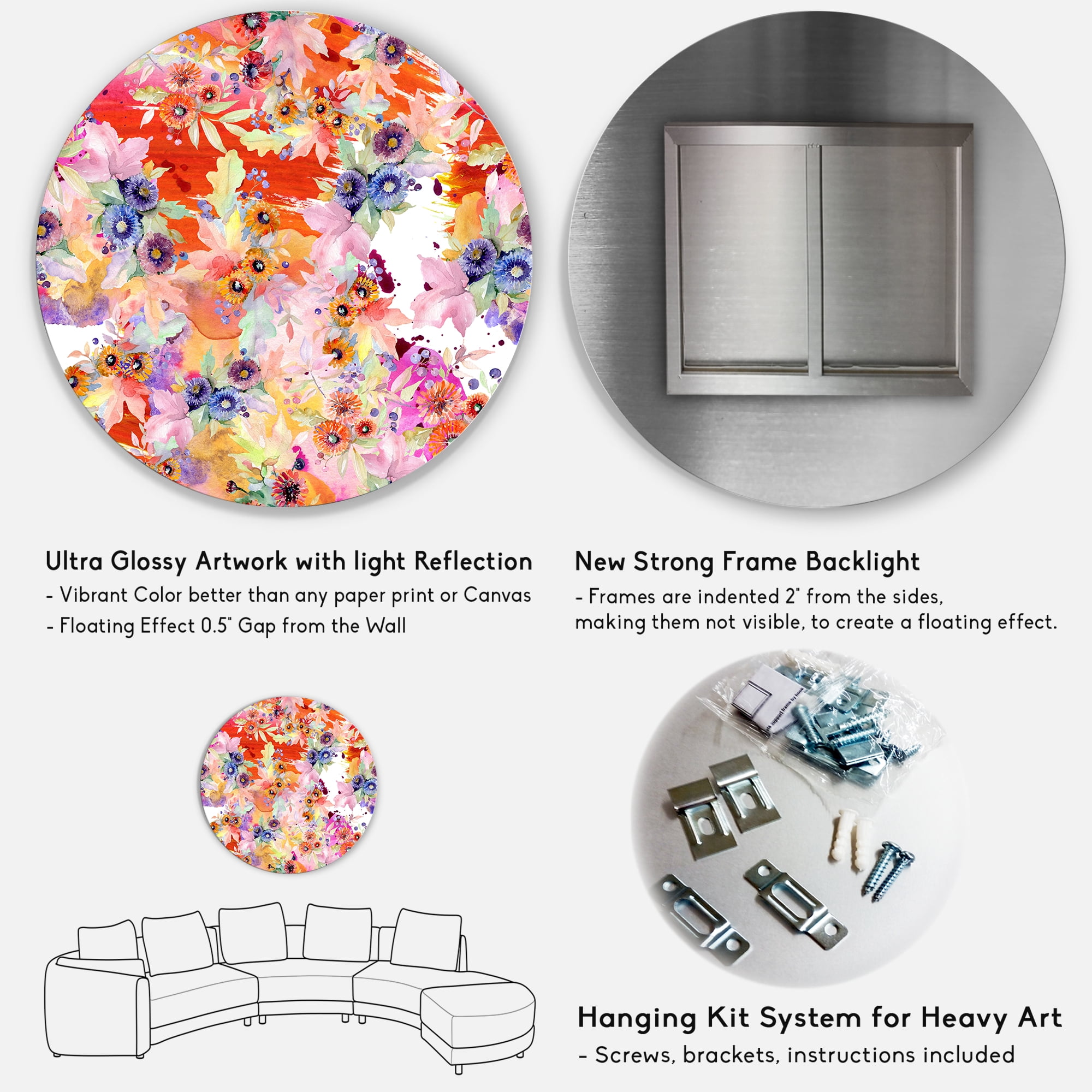 Designart 'Wildflowers and Vibrant Wild Spring Leaves VI' Modern Circle Metal Wall Art 36x36 - Disc of 36