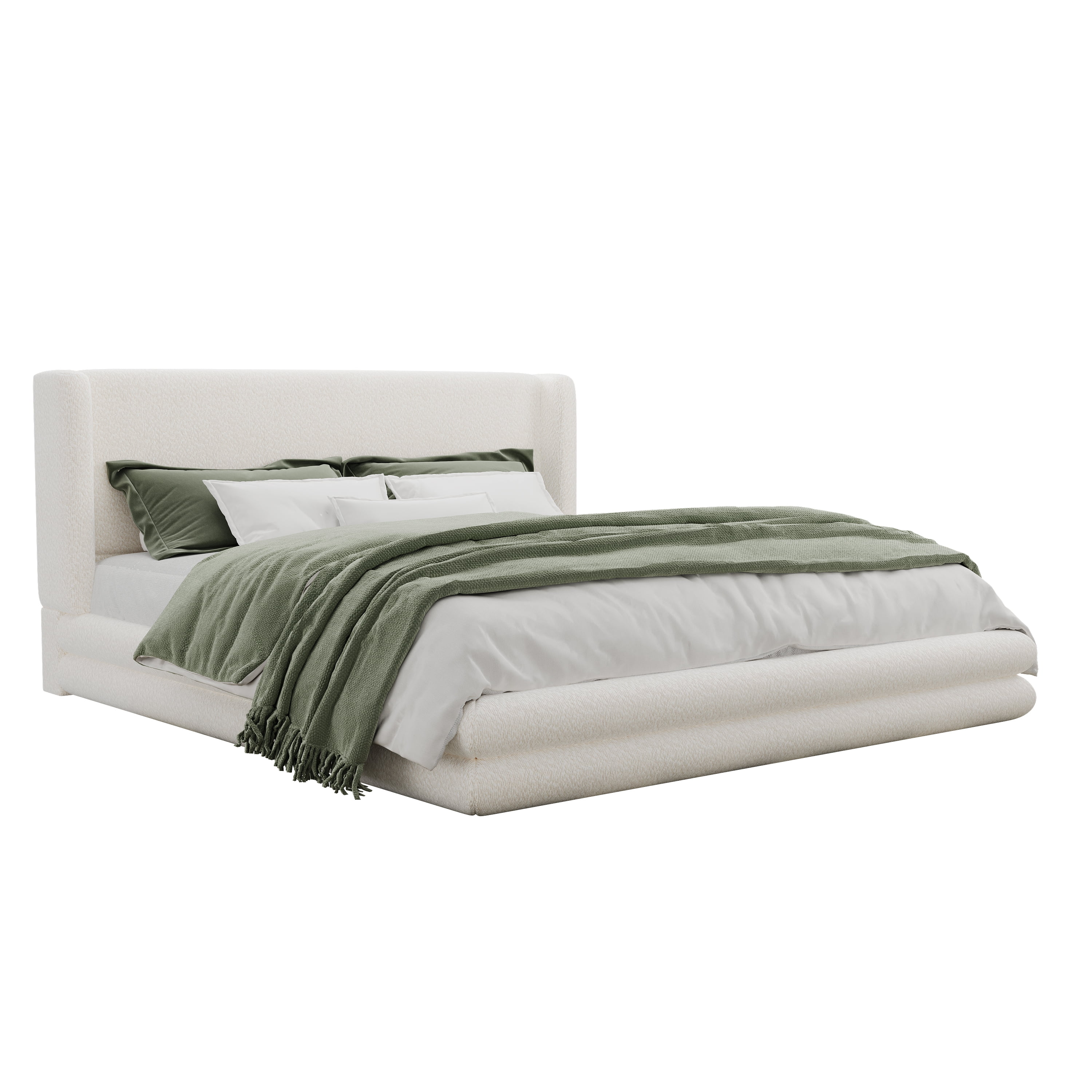 King Size Upholstered Bed Frame with Boucle Thick Wingback Headboard, Platform Bed with Wood Slats for Bedroom, White