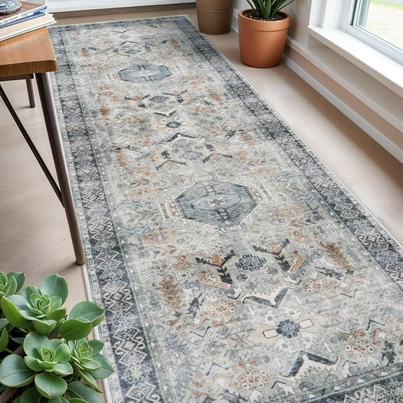 Washable Kitchen 3x8 Runner Rug - 3x8 Hallway Rug Distressed Mats Non-Slip Soft Room Floor Carpet for Dining Room (Grey/Blue, 3x8)