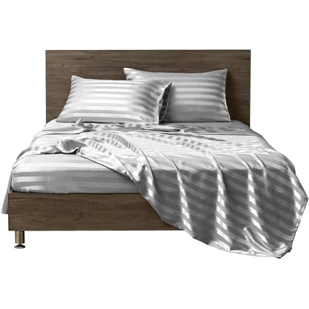 Mr Hm Satin Bed Sheets California King Set 4 Pcs Silky Bedding Silver Grey Striped Com Mr Hm Satin Bed Sheets California King, California King Bed Sheets Ikea