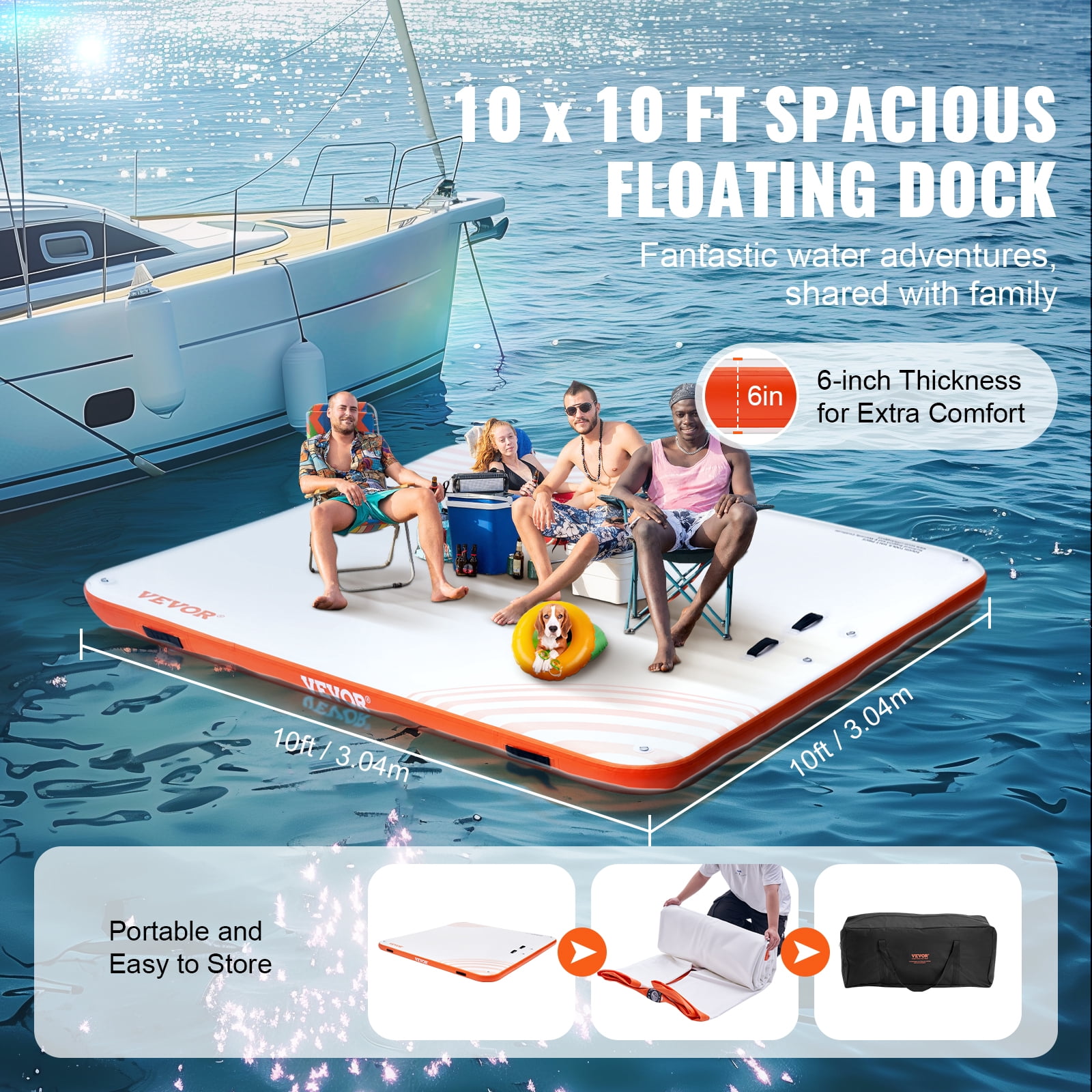 VEVOR Inflatable Floating Dock, 10 x 10FT Inflatable Dock Platform,Non-Slip Water Floating Dock Mat with Portable Carrying Bag&Detachable Ladder,Floating Platform Island Raft for Pool Beach Ocean