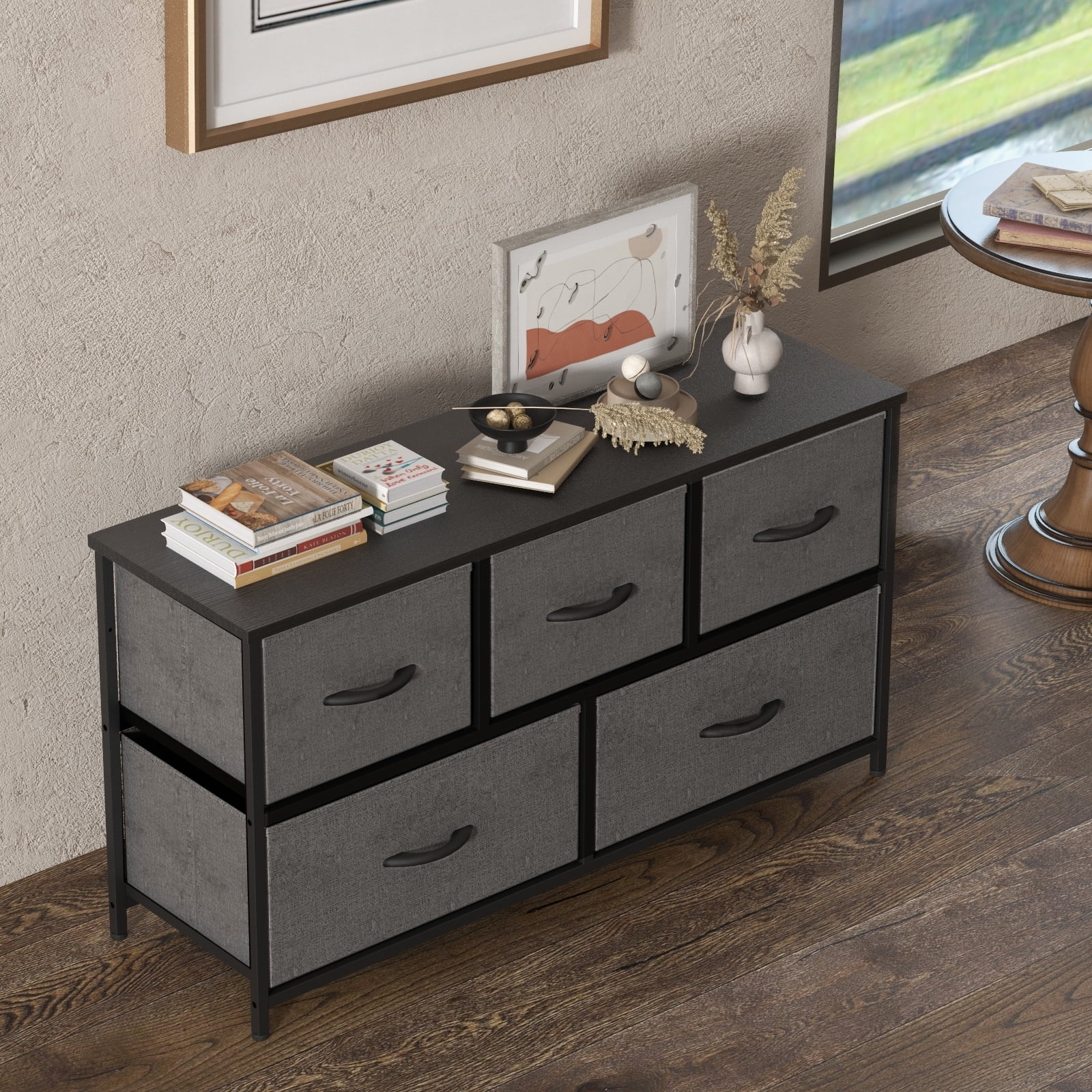 Aukfa 5 Drawer Dresser,Wide Chest of Drawers for Bedroom with Metal Frame for TV,Gray