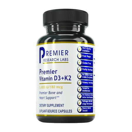 Premier Research Labs Vitamin D3 + K2 - Supports Bone & Heart Health - Vegan Supplements - Vitashine & Menaquinone - Gluten-Free - Quality Tested - 30 Plant-Source Capsules