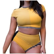Roliyen Fashion Bikini Sets Swimsuit for Women Plus Size Stripe Splicing High Waist Belly Split Large Size Bathing Suit