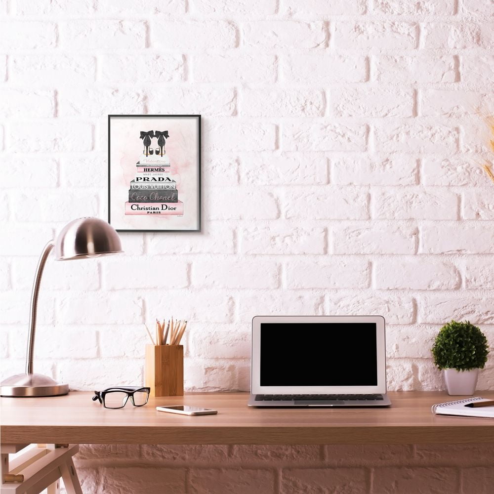 Stupell Industries Black Heels Pink Silver Bookstack Glam Fashion Design Framed Wall Art by Amanda Greenwood