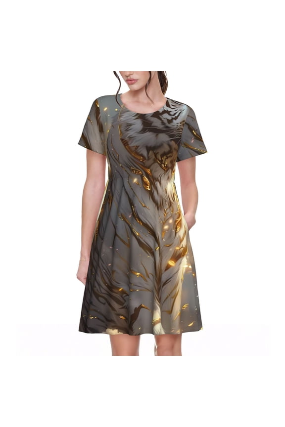 Golden White Tiger Pattern Womens Summer Dresses Short Sleeve Sundress 2025 Beach Vacation Dresses with Pockets -Medium