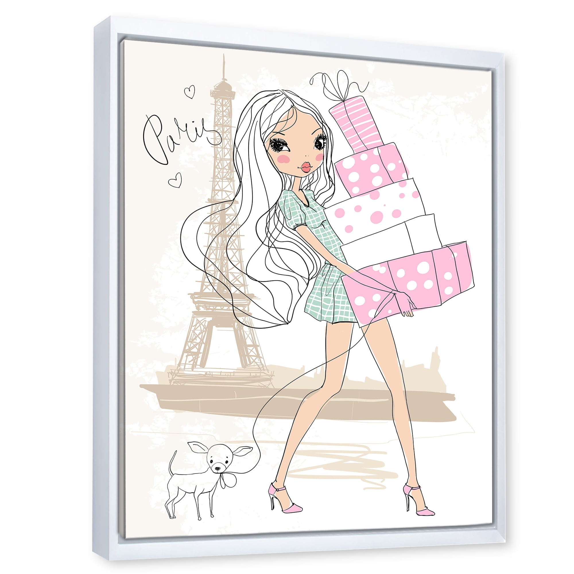 Designart 'Young Woman With Shopping Boxes In Paris' Shabby Chic Framed Canvas Wall Art Print