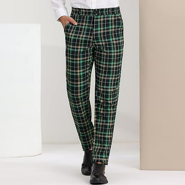 KIHOUT Pantalon Habillé Extensible pour Hommes, Coupe Ajustée, à Carreaux, devant Plat, Long, Décontracté, Business, Golf
