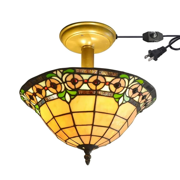 Kiven 13.8in Flush Mount Ceiling Light Fixture Dimmable, 3-Light Anti Glare Close to Ceiling Light with 15FT Plug-in Cord, Tiffany-Style Glass Chandelier for Bedroom Kitchen Hallway(No.3204)