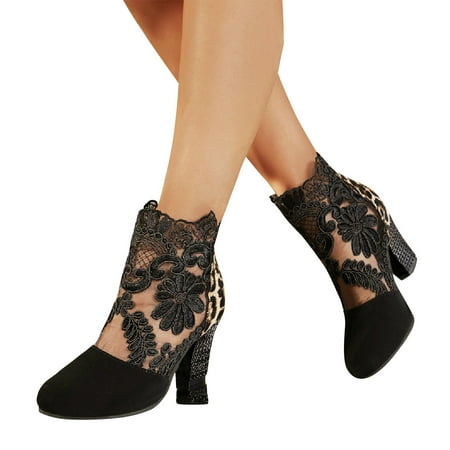 

YYYTop Women s Chunky Block Low Heels Pumps White Heels Spring Leopard Pattern New Lace Mesh Summer High Heels Back Zipper Large Cool Boots Office Shoes for Women Summer Savings