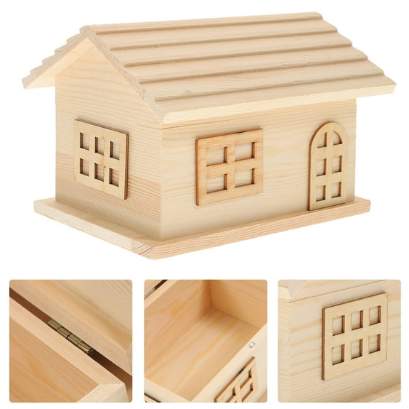 HEMOTON Multifunctional Pine Storage Box House-shaped Wooden Box Creative Piggy Bank Desktop Jewelry Box(Wood Color)