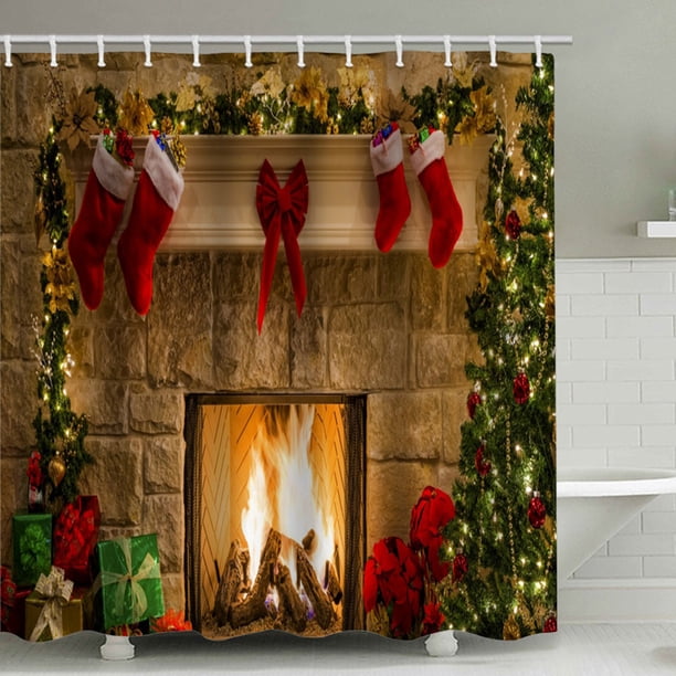 Teissuly Christmas Shower Curtain Fabric, Xmas Season Eve Fireplace Gifts Print Holiday Shower Curtain for Shower Stall, Christmas Bathroom Decor Set Teissuly WER202310160799