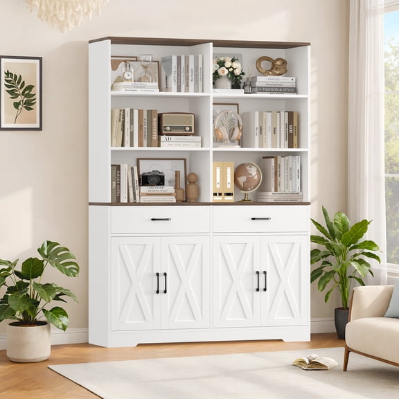 Homfa 69'' White Bookshelf with Drawers, 6-Tier 6 Cubes Display Bookshelf, 4 Doors Double Row Bookcase with Adjustable Shelves for Living Room Home Office